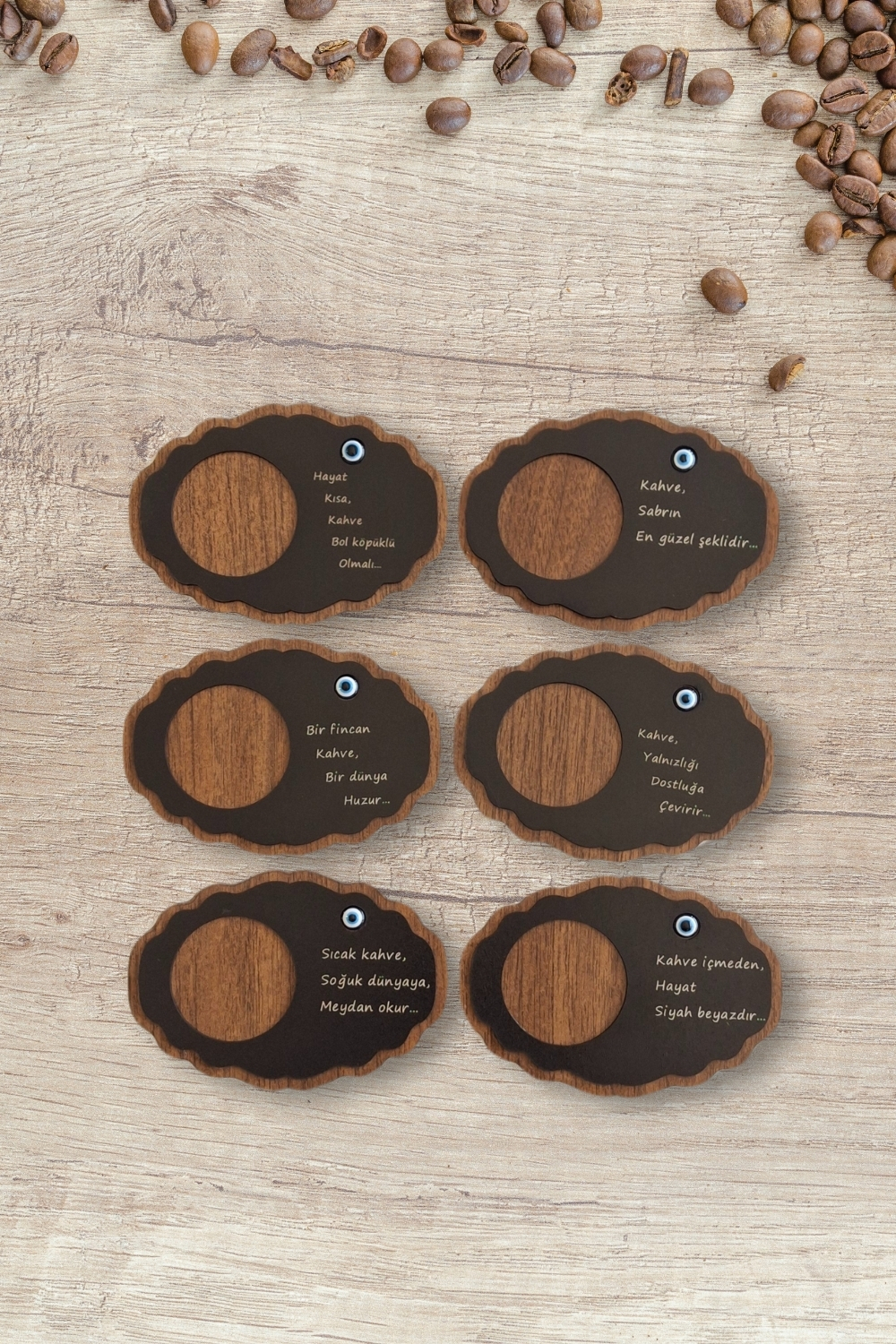 Kutaydan Nazar Boncuklu 6 Parça Ahşap Lazer Kesim Bardak ve Kahve Altlığı