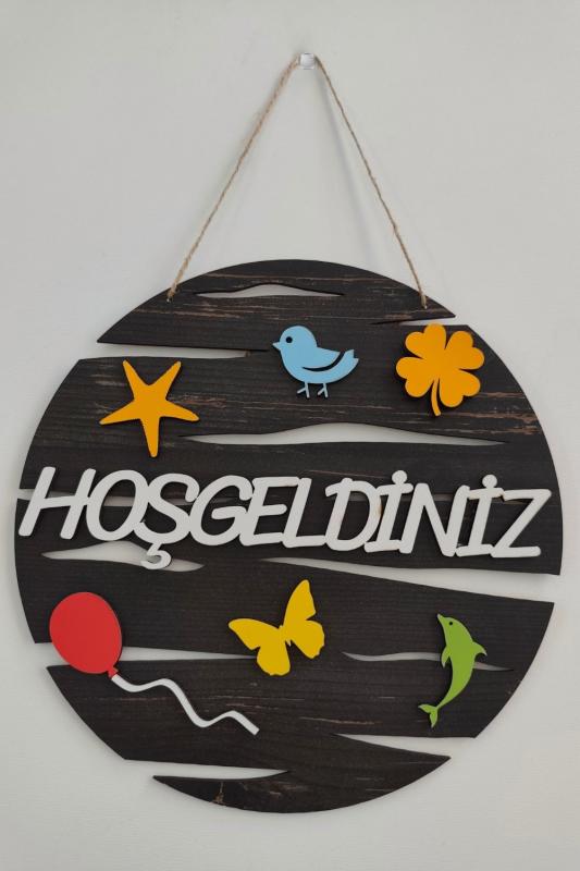 Hoşgeldiniz Yazılı Yuvarlak Mdf Lazer Kesim Kapı ve Duvar Süsü - Rebap Ahşap
