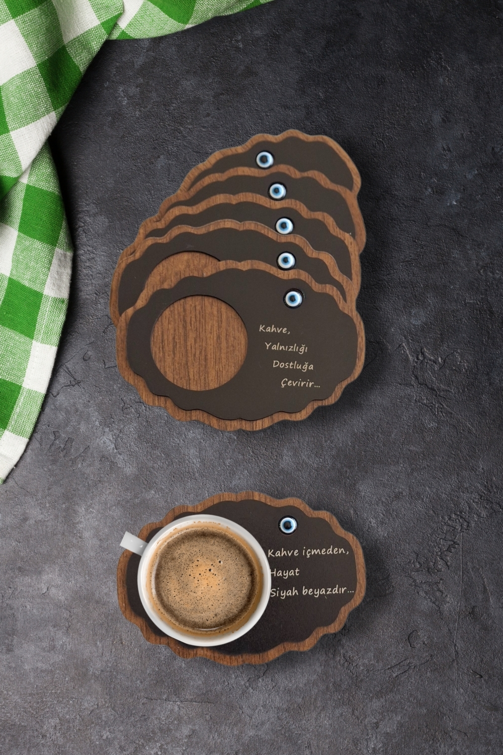 Kutaydan Nazar Boncuklu 6 Parça Ahşap Lazer Kesim Bardak ve Kahve Altlığı