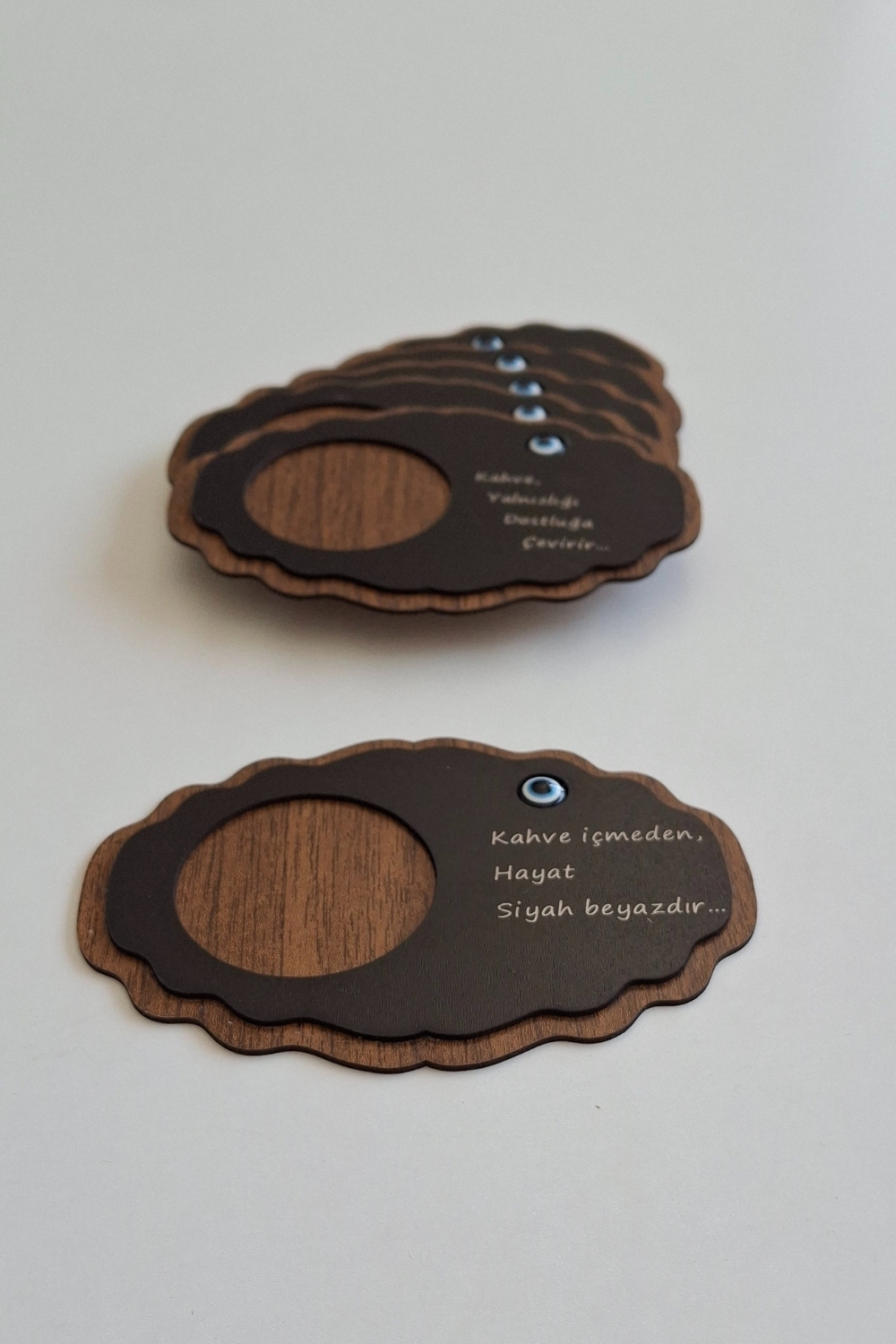 Kutaydan Nazar Boncuklu 6 Parça Ahşap Lazer Kesim Bardak ve Kahve Altlığı