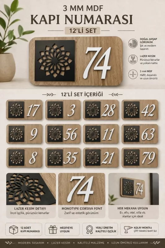 Kişiye Özel 12’li Modern Ahşap Kapı Numarası Seti | 3 mm MDF Lazer Kesim - Tesbih Ahşap