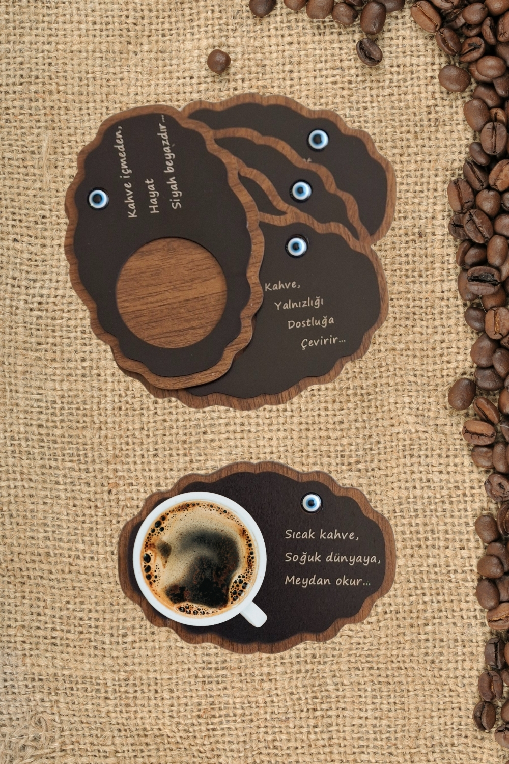Kutaydan Nazar Boncuklu 6 Parça Ahşap Lazer Kesim Bardak ve Kahve Altlığı