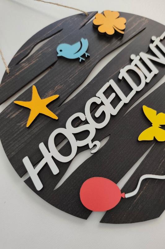 Hoşgeldiniz Yazılı Yuvarlak Mdf Lazer Kesim Kapı ve Duvar Süsü - Rebap Ahşap