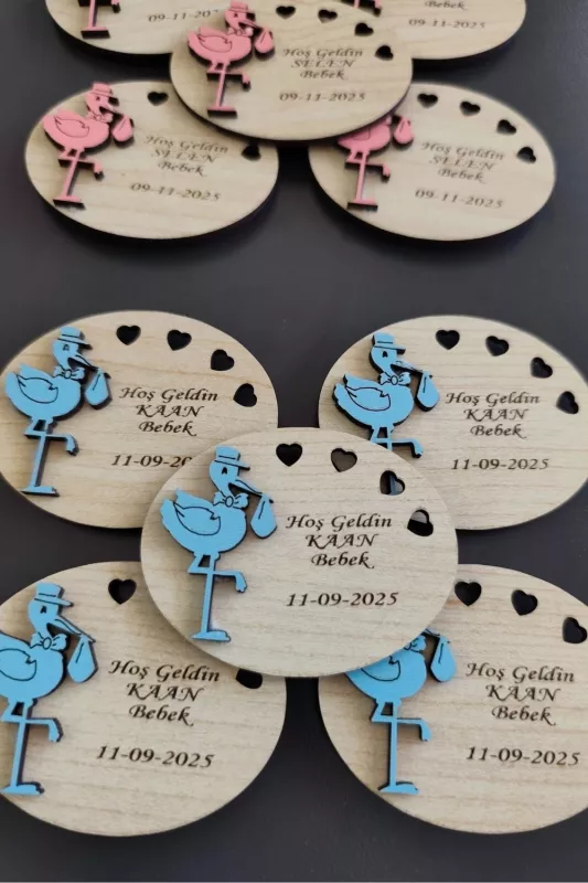 Kalpli Leylek Desenli Hoşgeldin Ahşap Bebek Magneti Mavi - 20 Adet