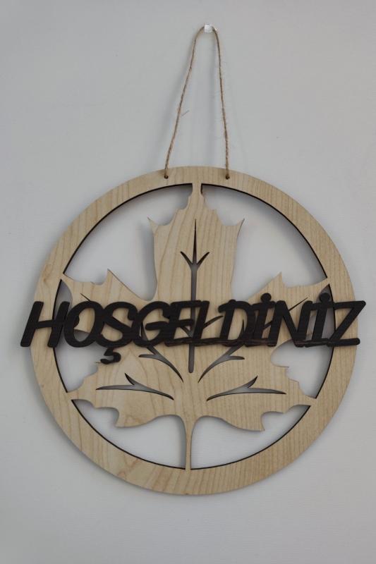 Hoşgeldiniz Yazılı Çınar Yaprağı Mdf Lazer Kesim Kapı ve Duvar Süsü - Akçaağaç Ahşap