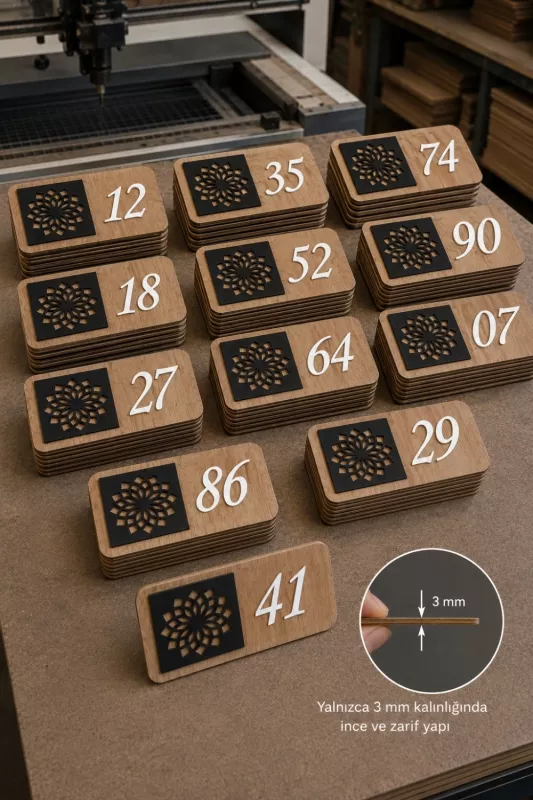 Kişiye Özel 12’li Modern Ahşap Kapı Numarası Seti | 3 mm MDF Lazer Kesim - Tesbih Ahşap