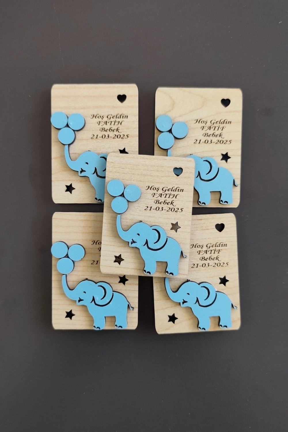 Fil ve Balon Desenli Hoşgeldin Ahşap Bebek Magneti Mavi - 20 Adet