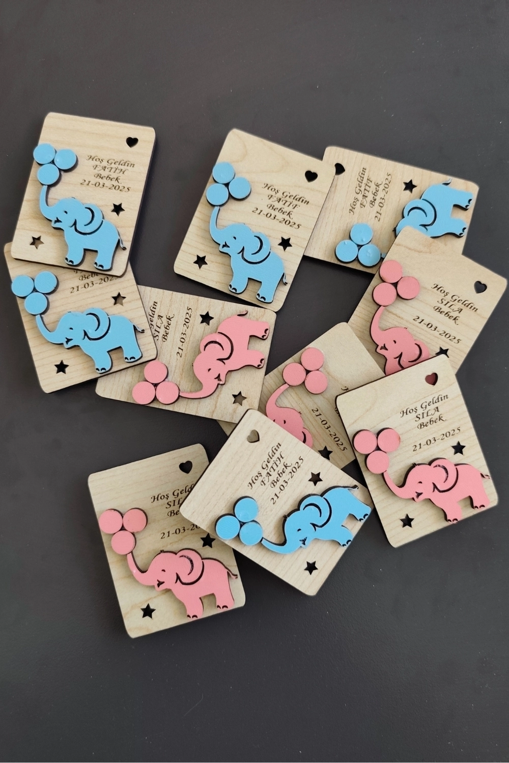 Fil ve Balon Desenli Hoşgeldin Ahşap Bebek Magneti Mavi - 20 Adet