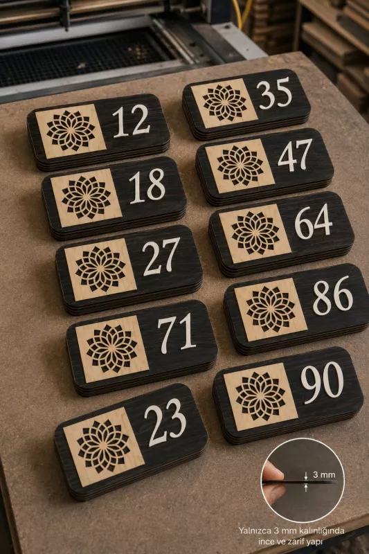 Kişiye Özel 12’li Modern Ahşap Kapı Numarası Seti | 3 mm MDF Lazer Kesim - Rebap Ahşap