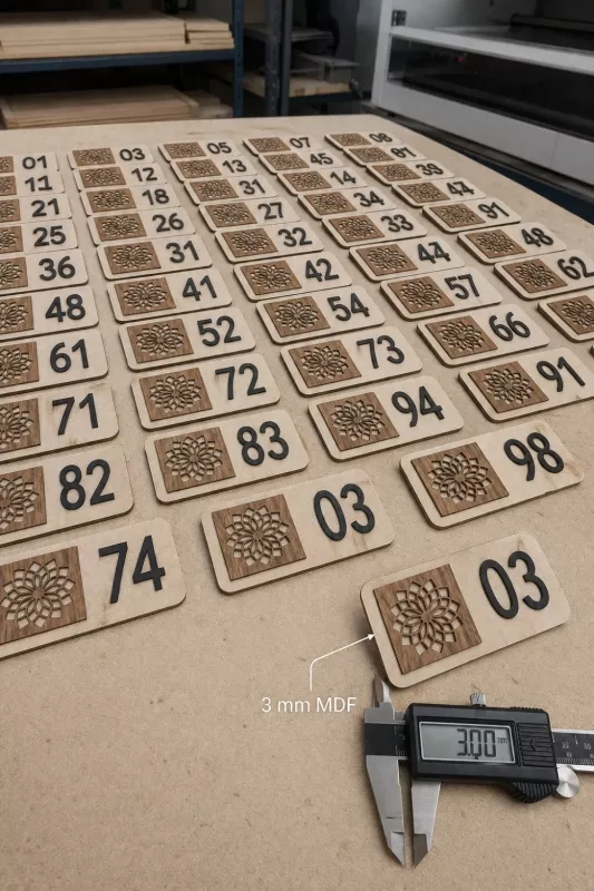 Kişiye Özel 12’li Modern Ahşap Kapı Numarası Seti | 3 mm MDF Lazer Kesim - Ceviz