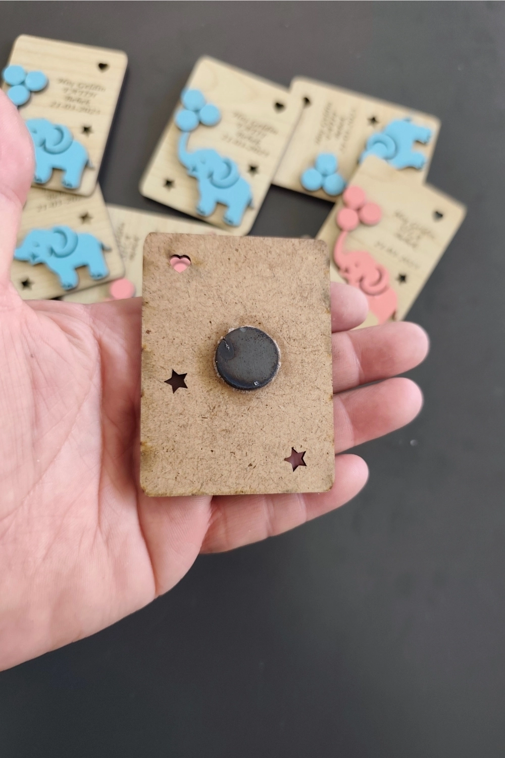 Fil ve Balon Desenli Hoşgeldin Ahşap Bebek Magneti Mavi - 20 Adet