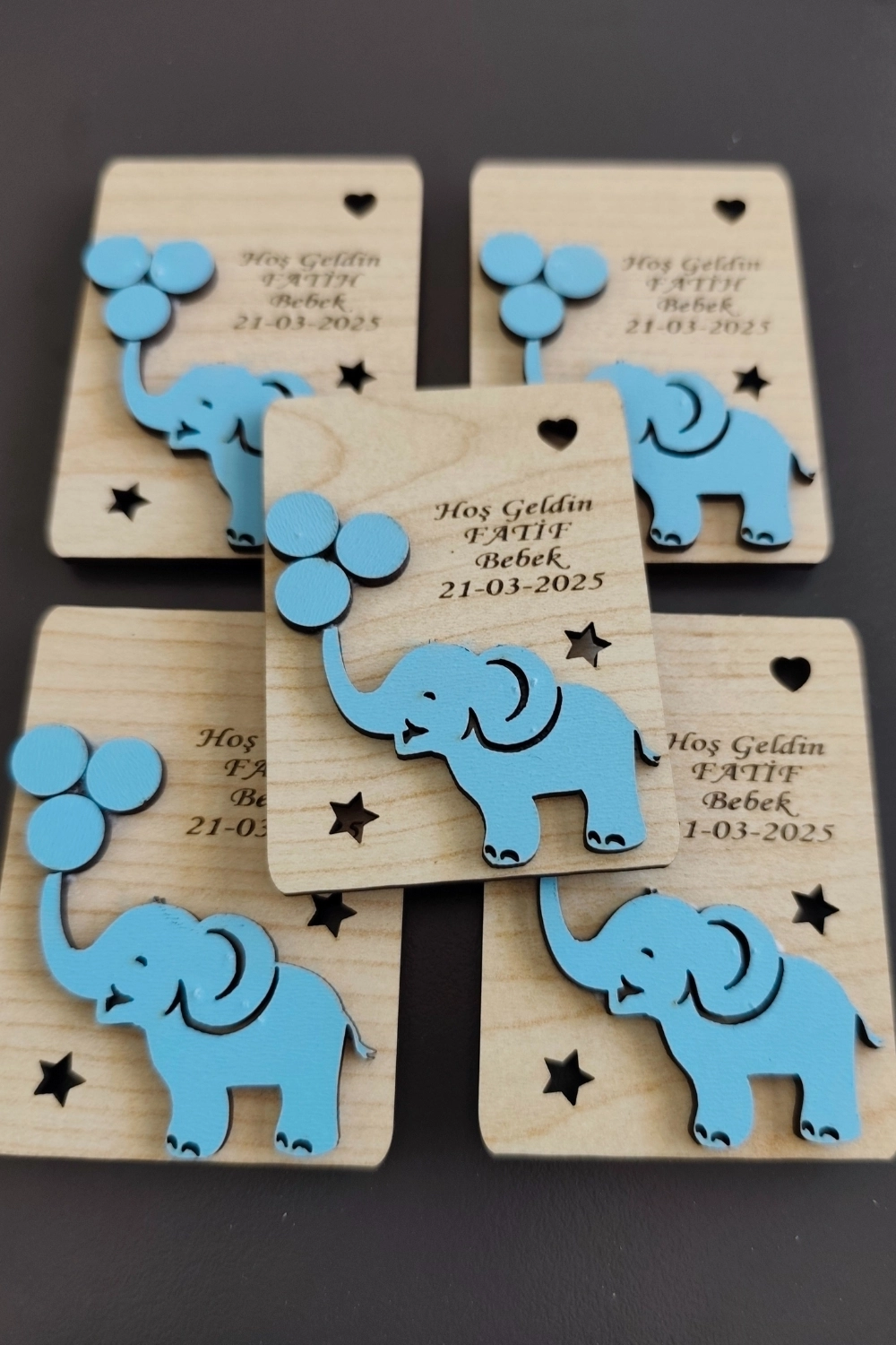 Fil ve Balon Desenli Hoşgeldin Ahşap Bebek Magneti Mavi - 20 Adet