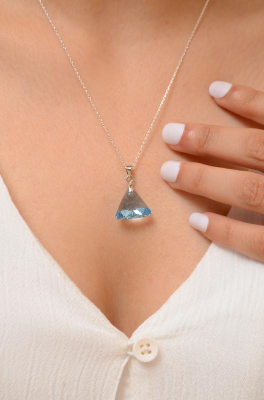 Swarovski® 6628 Xilion Triangle Aquamarine 925 Ayar Gümüş Kolye