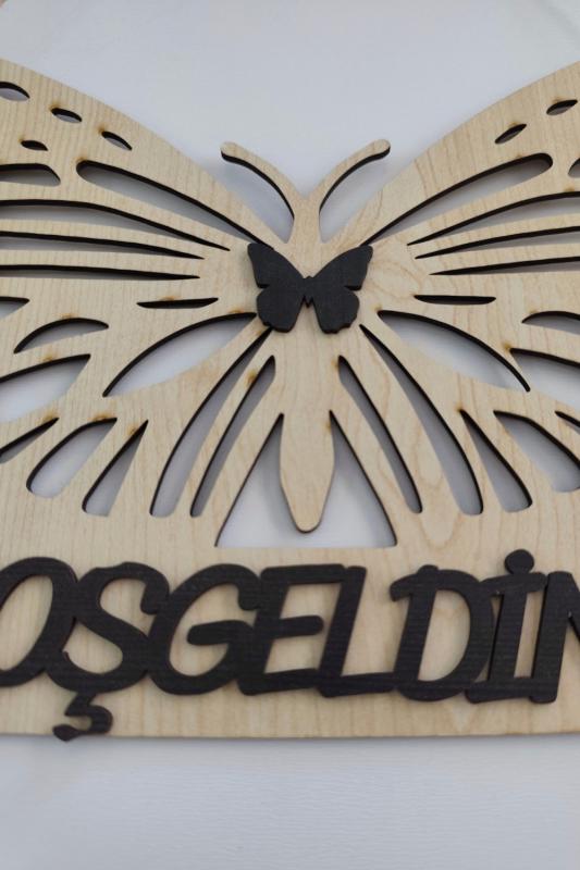 Hoşgeldiniz Yazılı Kelebek Figürlü Mdf Lazer Kesim Kapı ve Duvar Süsü - Akçaağaç Ahşap