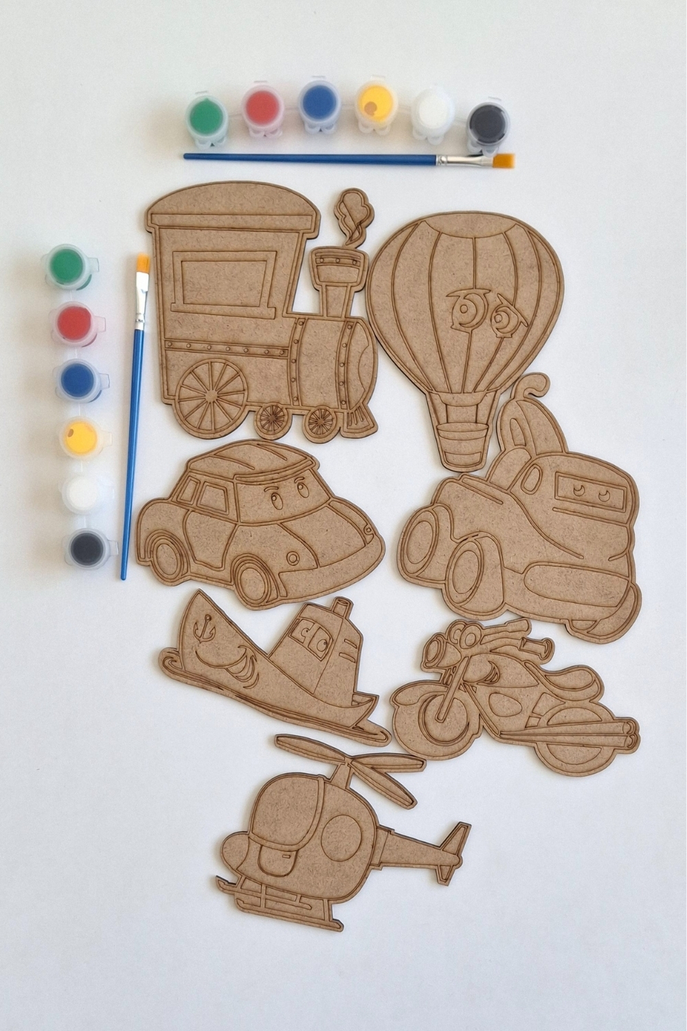 Boya, Eğlen, Keşfet - Çocuklar İçin Eğitici Taşıtlar 7 Parça Ahşap Boyama Seti