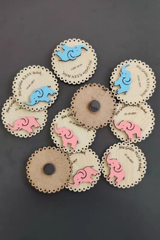 Sevimli Fil Desenli Hoşgeldin Ahşap Bebek Magneti Pembe - 20 Adet