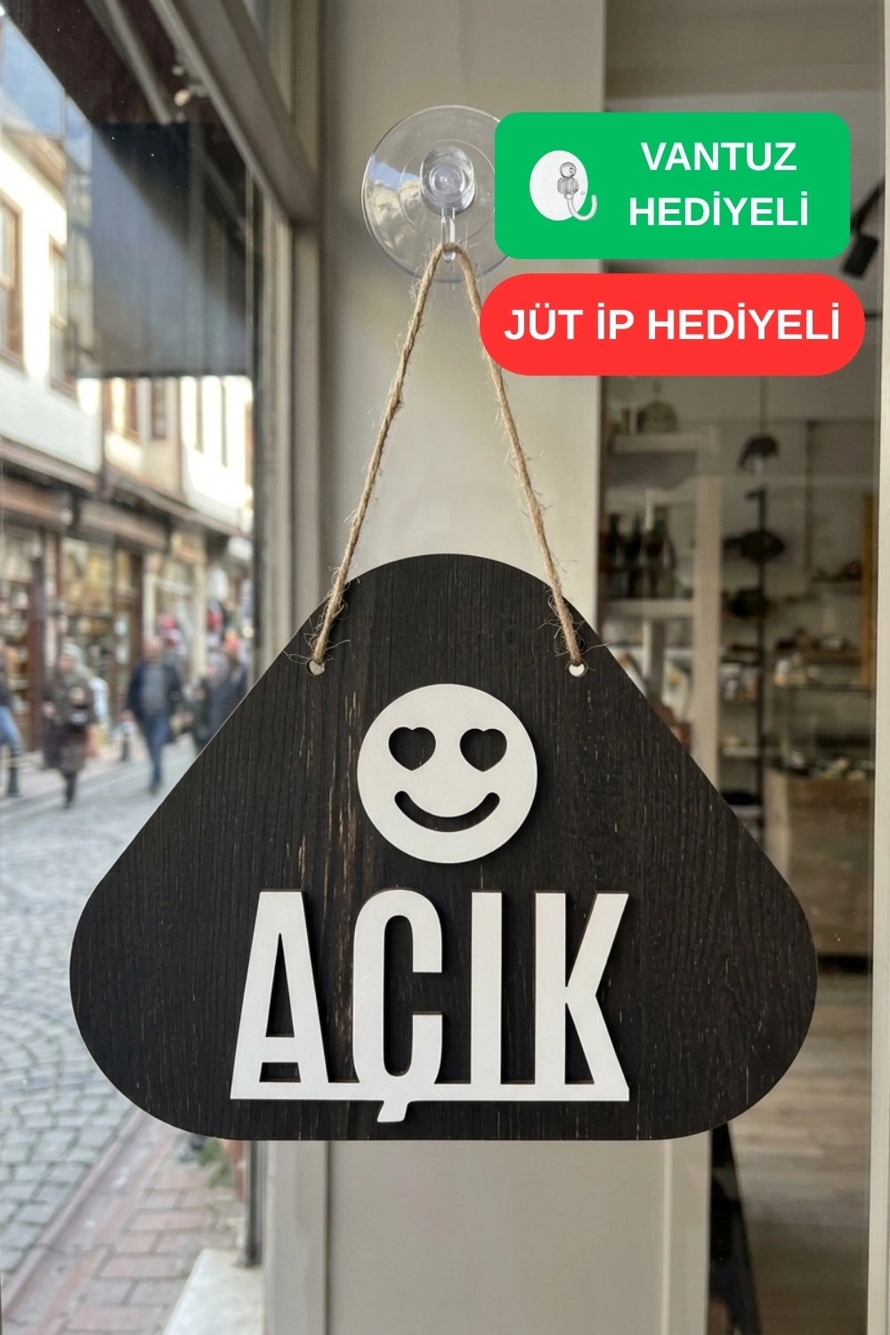 Ahşap Lazer Kesim Emoji Figürlü Açık-Kapalı Tabelası - Rebap Ahşap