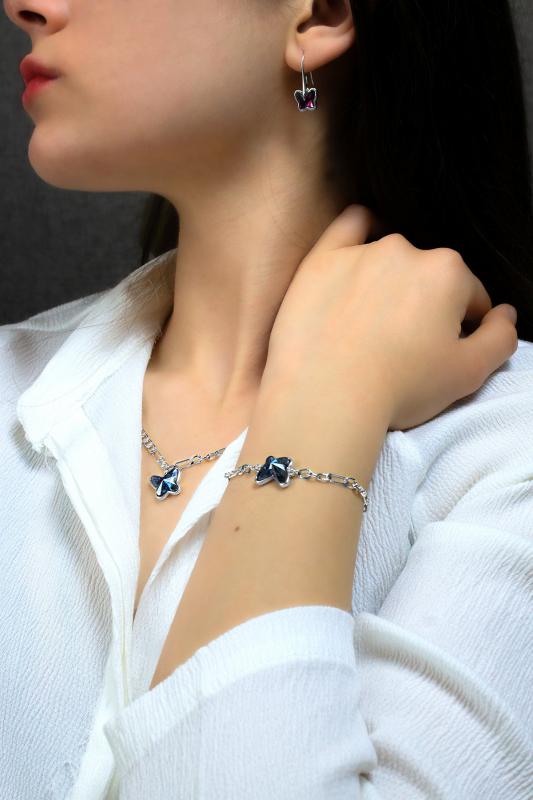 Swarovski Butterfly Taşlı Gümüş Kaplama Figaro Zincirli Kelebek Set