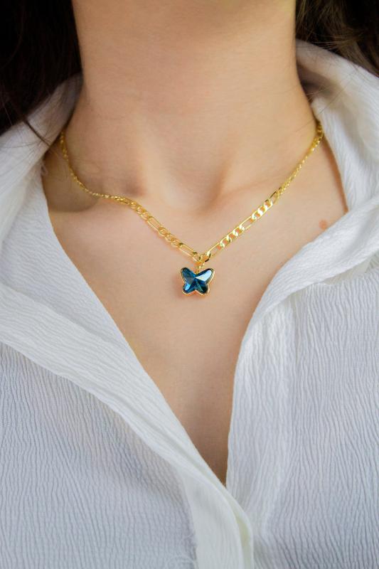 Swarovski Butterfly Taşlı 14K Altın Kaplama Figaro Zincirli Kelebek Kolye