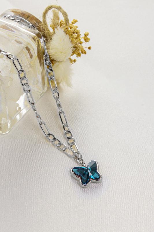 Swarovski Butterfly Taşlı Gümüş Kaplama Figaro Zincirli Kelebek Kolye