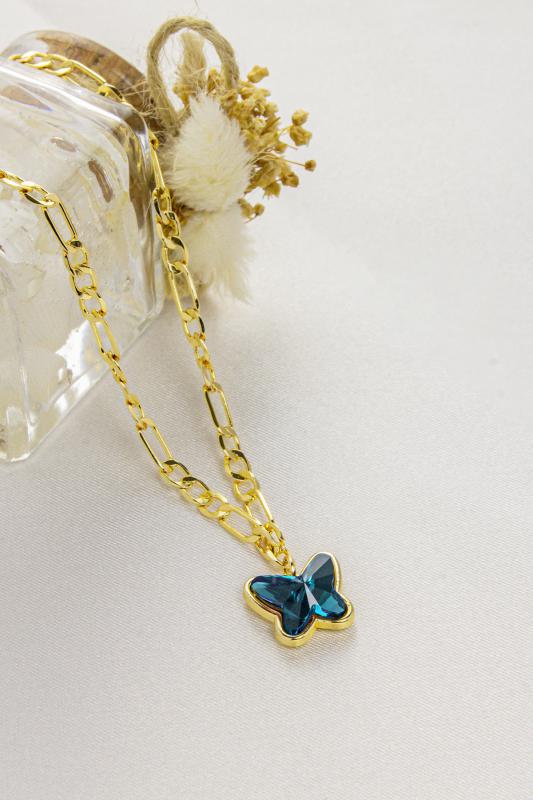 Swarovski Butterfly Taşlı 14K Altın Kaplama Figaro Zincirli Kelebek Kolye