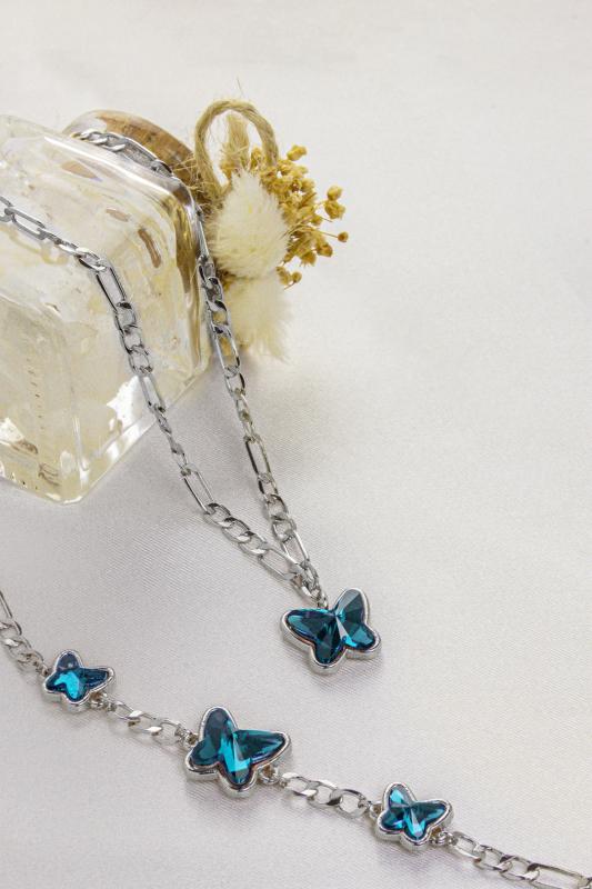 Swarovski Butterfly Taşlı Gümüş Kaplama Figaro Zincirli Bileklik ve Kolye