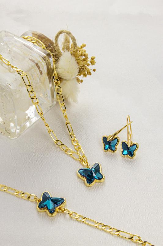 Swarovski Butterfly Taşlı 14K Altın Kaplama Figaro Zincirli Kelebek Set