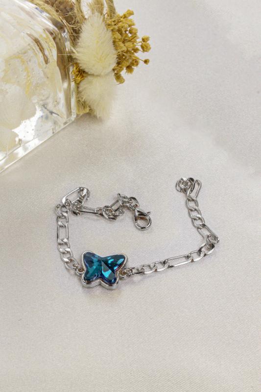 Swarovski Butterfly Taşlı Gümüş Kaplama Figaro Zincirli Kelebek Bileklik