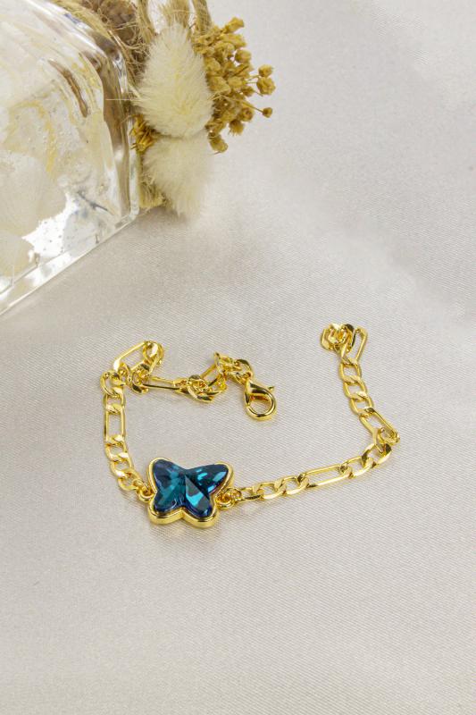 Swarovski Butterfly Taşlı 14K Altın Kaplama Figaro Zincirli Kelebek Bileklik
