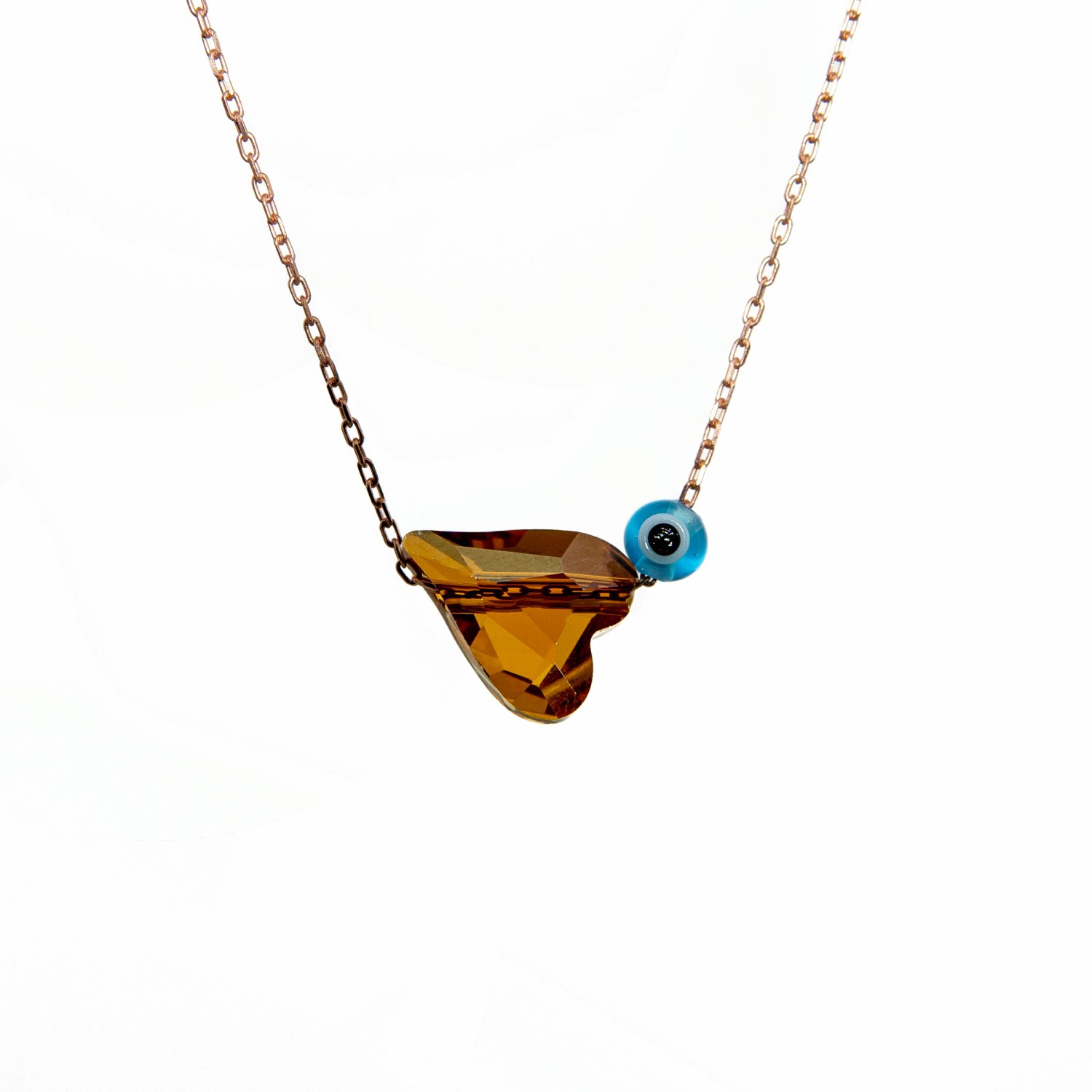 Swarovski® Smoked Topaz Nazarlı Kalpli 925 Ayar Gümüş Kolye
