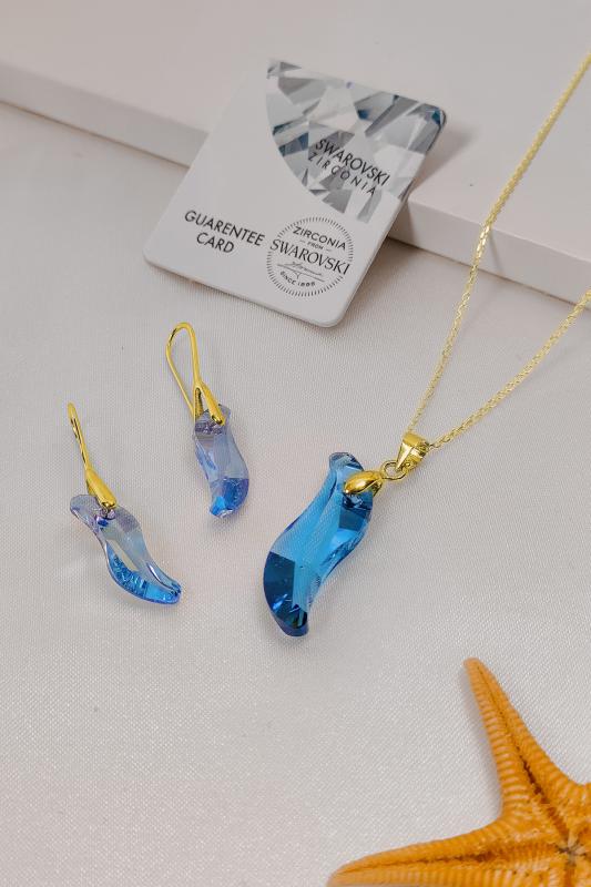 Swarovski Taşlı 6525 Wawe Dalga Küpe ve Kolye Set - Aquamarine