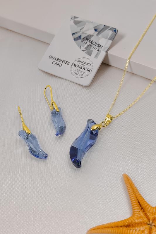 Swarovski Taşlı 6525 Wawe Dalga Küpe ve Kolye Set - Blue Denim