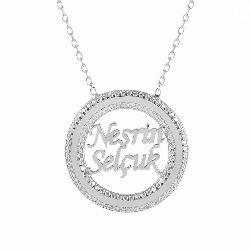 Kişiye Özel İki İsimli Zirkon Taşlı Halka 925 Ayar Gümüş Kolye