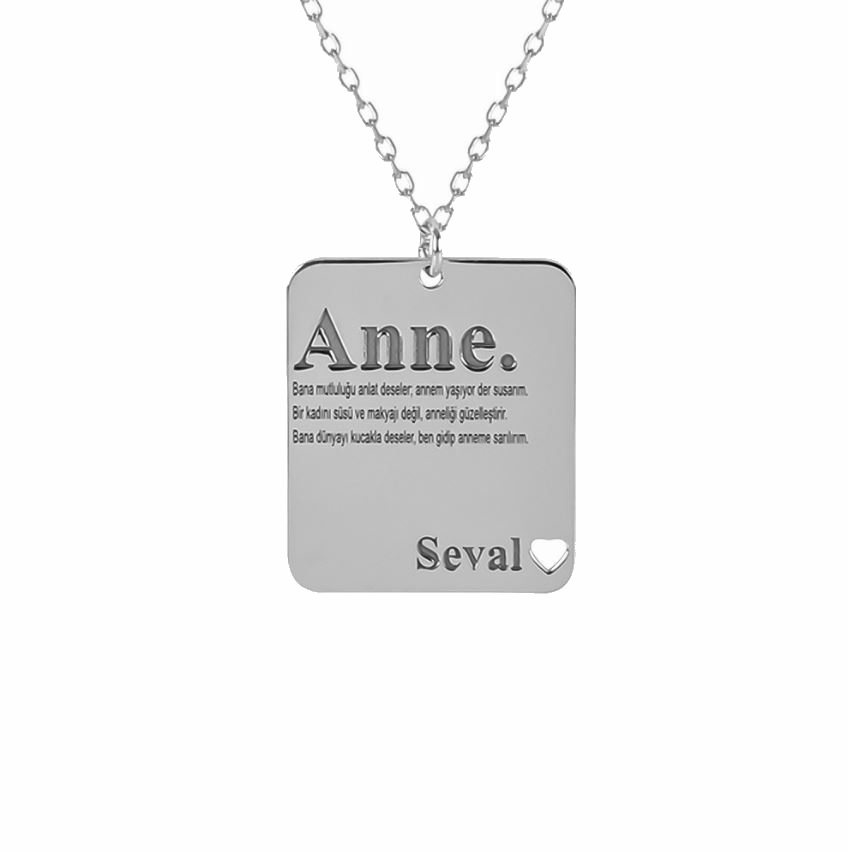 Kişiye Özel İsimli Anne Plaka 925 Ayar Gümüş Kolye
