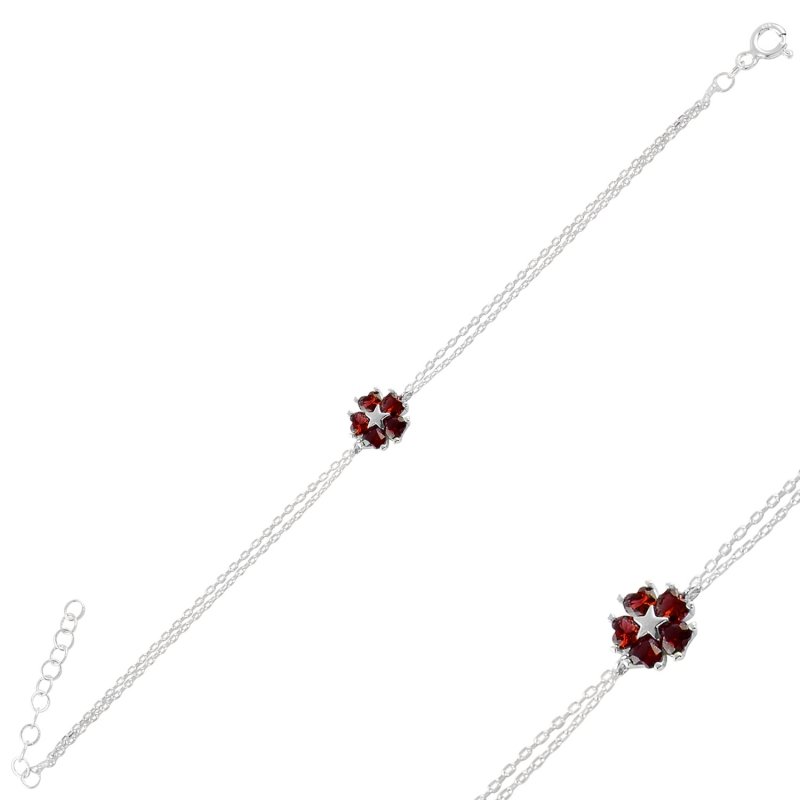 Gümüş Kalp Zirkon Taşlı Çiçek & Yıldız Bileklik-Garnet zirkon (kırmızı)