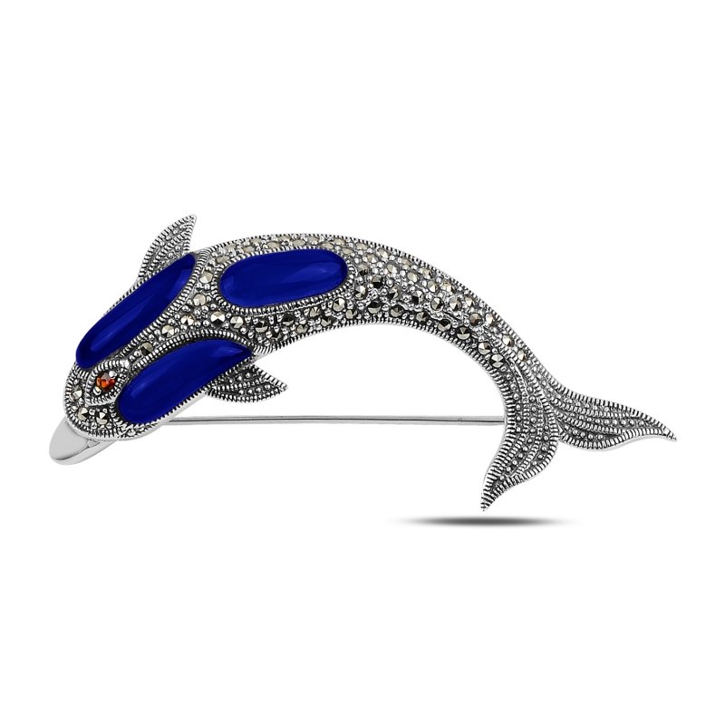 Gümüş Yunus Balığı Doğal Taş & Markazit Taşlı Broş-Lapis lazuli