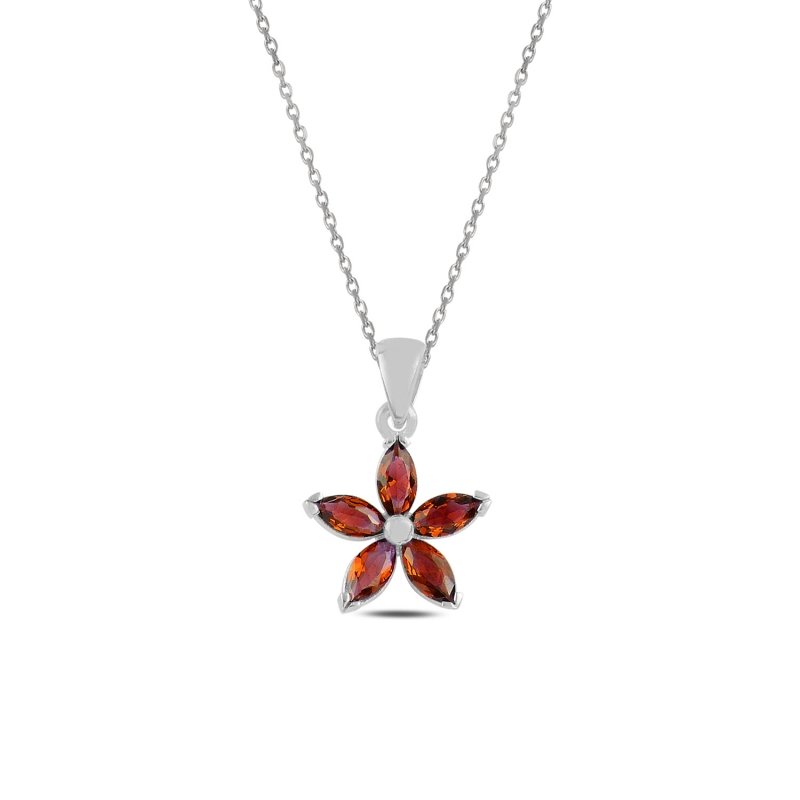 Gümüş Çiçek Mekik Zirkon Taşlı Kolye-Garnet zirkon (kırmızı)
