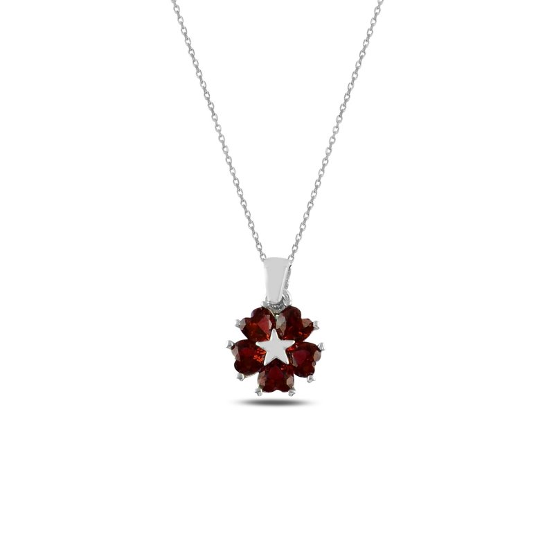 Gümüş Kalp Zirkon Taşlı Çiçek & Yıldız Kolye-Garnet zirkon (kırmızı)