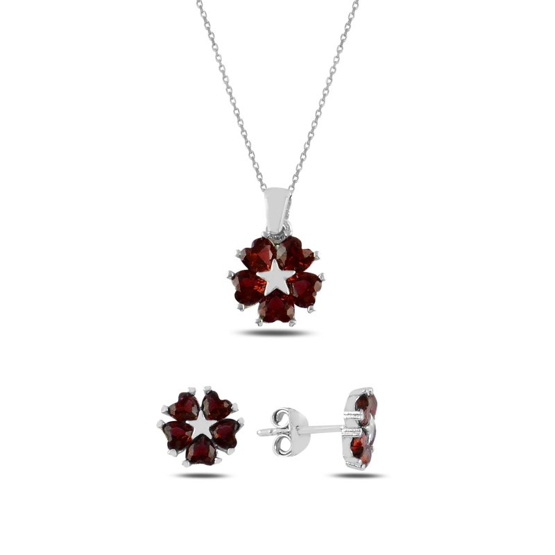 Gümüş Kalp Zirkon Taşlı Çiçek & Yıldız Set-Garnet zirkon (kırmızı)