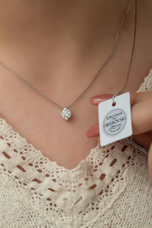 Swarovski Zirconia Tek Taş Çift Tırnaklı 925 Ayar Gümüş Kolye