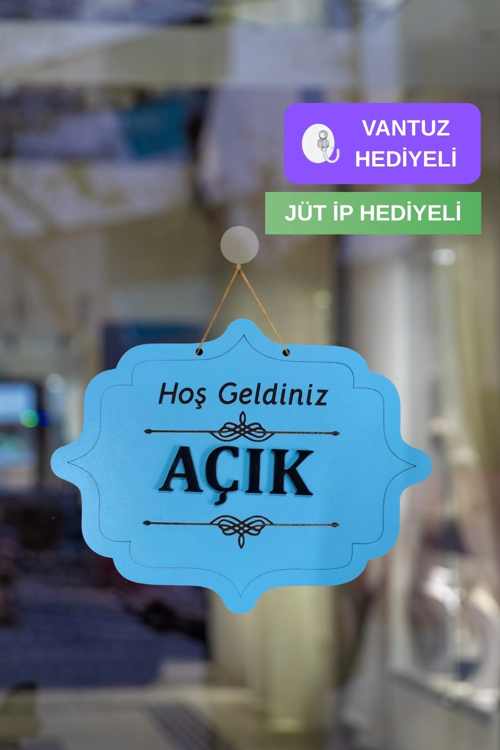 Ahşap Dekoratif Kesim Açık-Kapalı Yazısı - Açık Mavi
