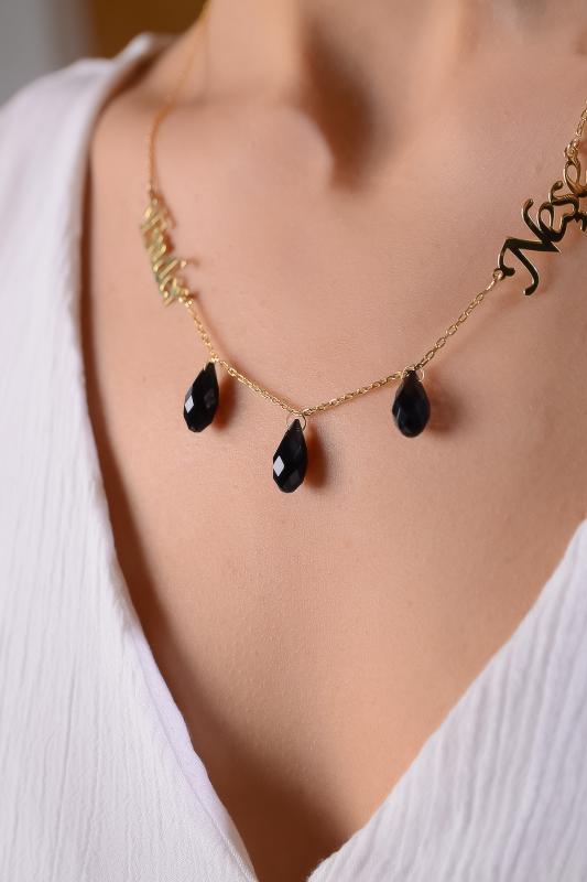 Kişiye Özel Swarovski Drop Taşlı İki İsimli 925 Ayar Gümüş Kolye