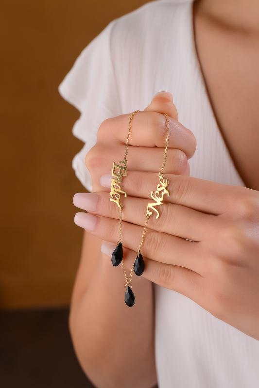 Kişiye Özel Swarovski Drop Taşlı İki İsimli 925 Ayar Gümüş Kolye