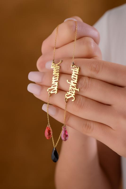 Kişiye Özel Swarovski Taşlı Üç Renkli İki İsimli 925 Ayar Gümüş Kolye