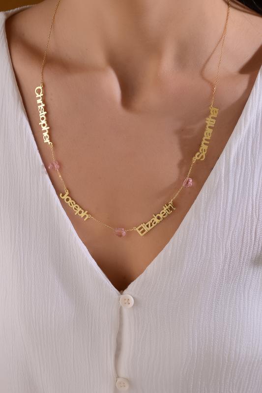 Kişiye Özel Swarovski Taşlı Dört İsimli 925 Ayar Gümüş Kolye