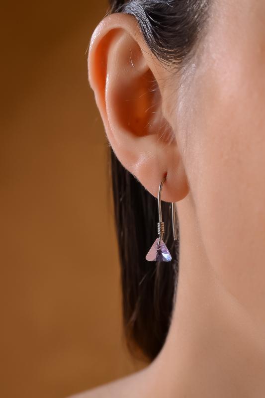 Swarovski Taşlı 6628 Xilion Triangle 925 Ayar Gümüş Küpe - Violet