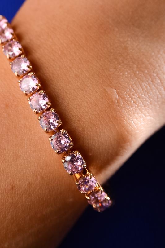 5 mm Light Rose Zirkon Taşlı Su Yolu Stras Bileklik-Gold