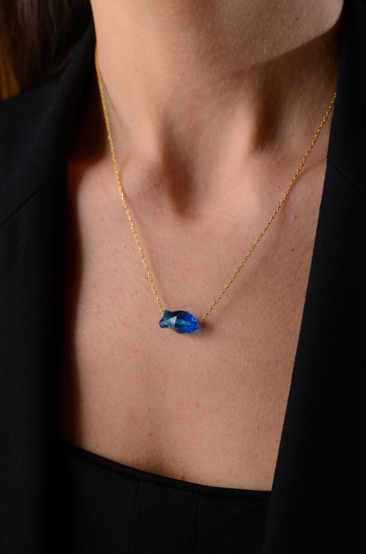Swarovski® Taşlı 5727 Fish Capri Blue 925 Ayar Gümüş Kolye