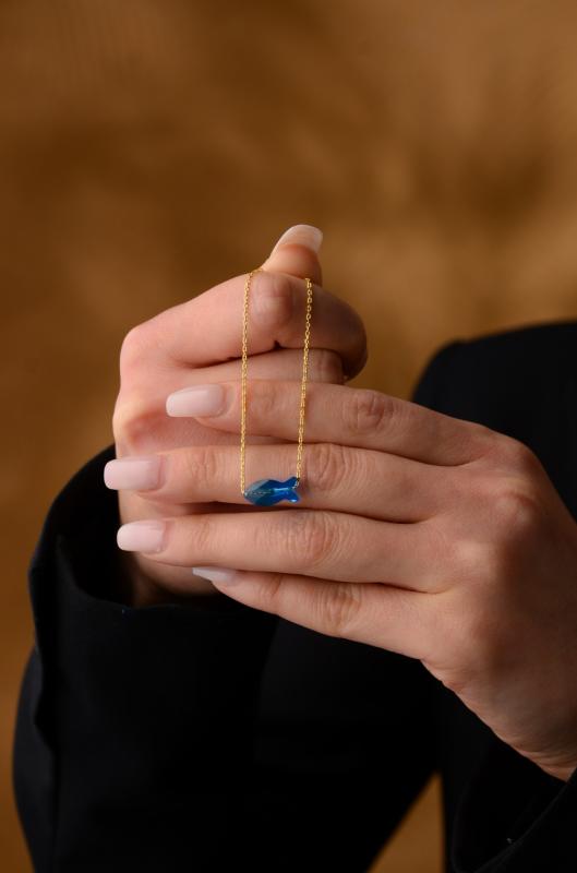 Swarovski® Taşlı 5727 Fish Capri Blue 925 Ayar Gümüş Kolye
