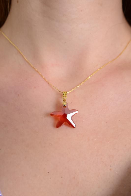 Swarovski® Taşlı StarFish Red Magma 925 Ayar Gümüş Kolye